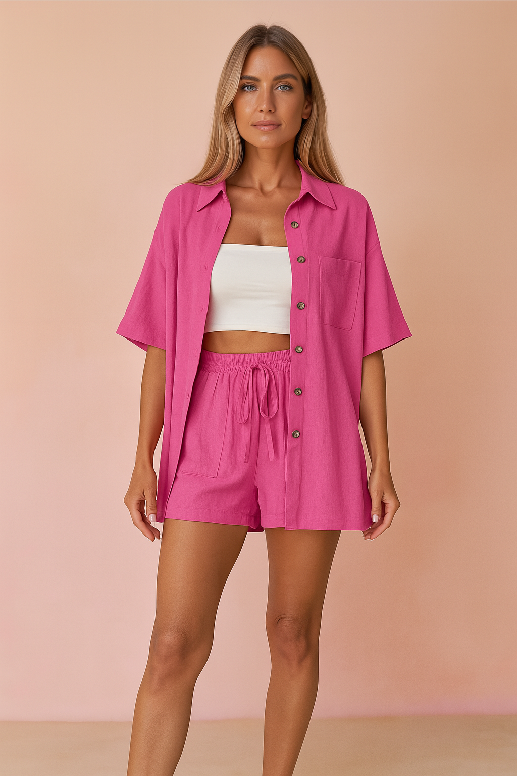 Fuchsia dames co-ord set met los shirt met knoopsluiting en elastische short