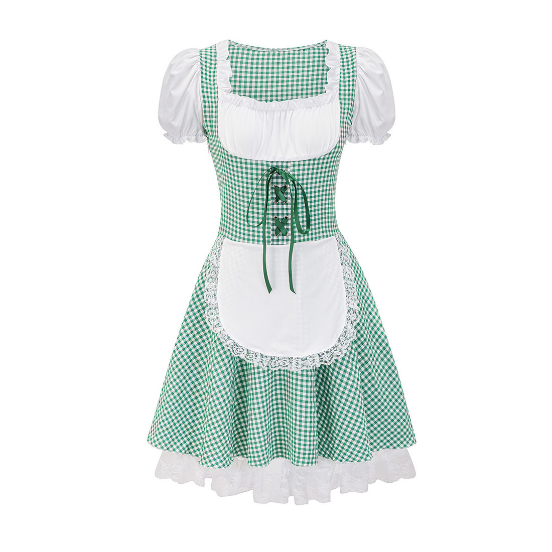 Korte Oktoberfest dirndljurk met ruitjesmotief en kantapplicatie 0