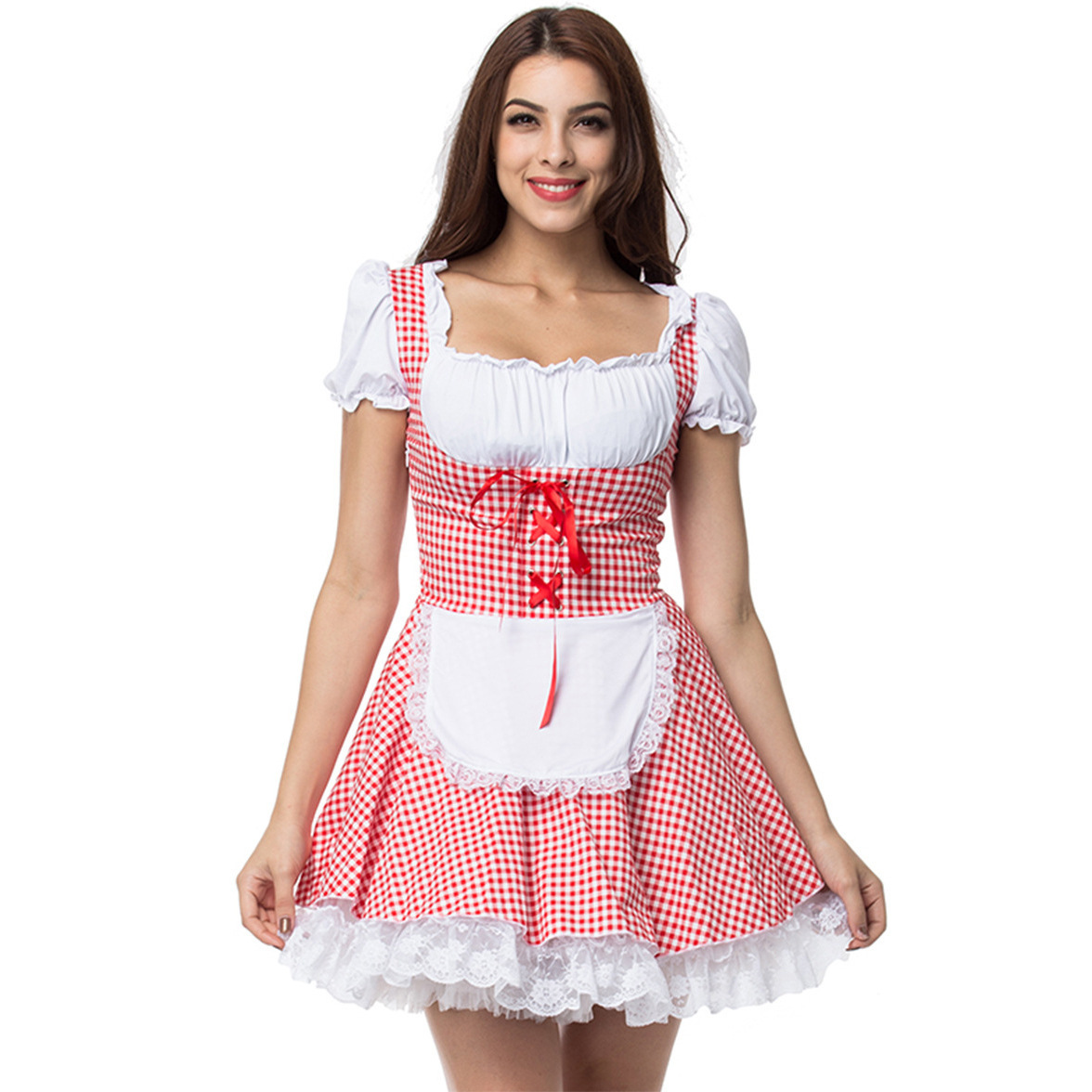 Korte Oktoberfest dirndljurk met ruitjesmotief en kantapplicatie 1