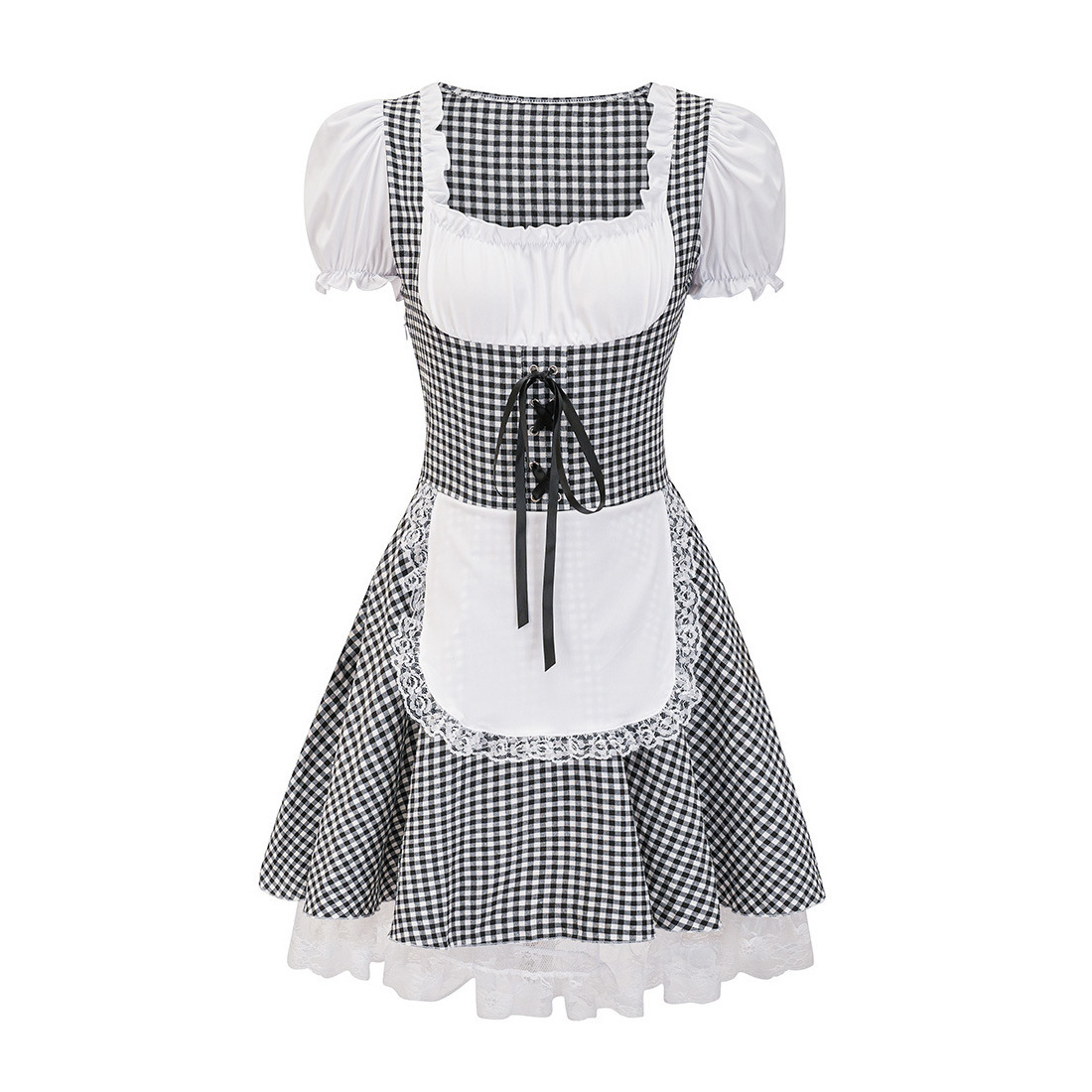 Korte Oktoberfest dirndljurk met ruitjesmotief en kantapplicatie 2