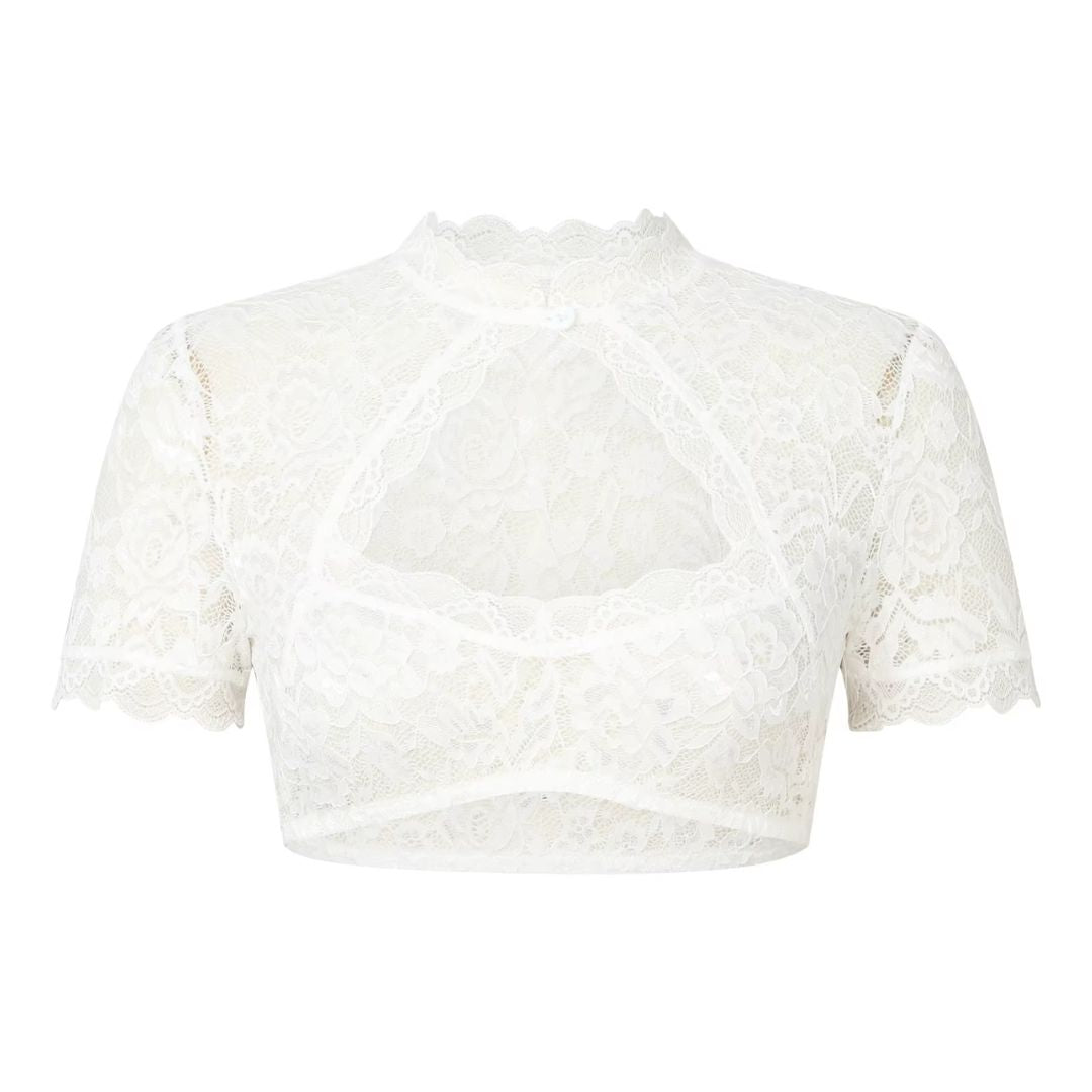 Kortmouwige Oktoberfest crop top van kant met opstaande kraag en uitsparing 0