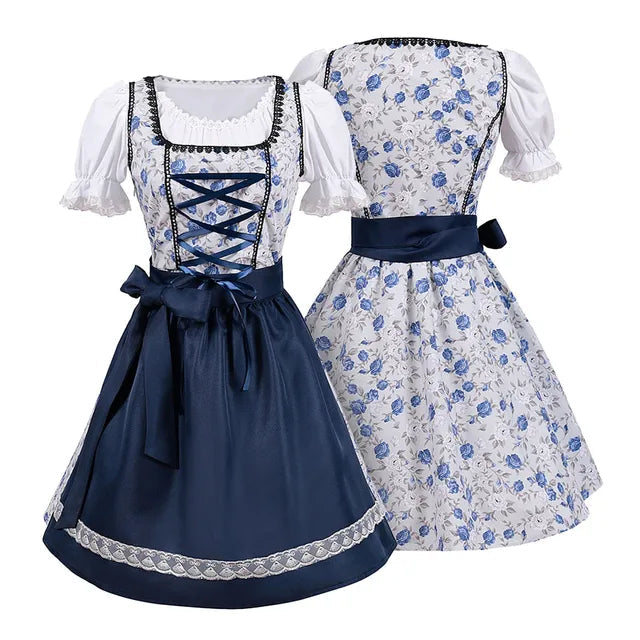 Oktoberfest dirndljurk met bloemenprint en satijnen lintschort 0