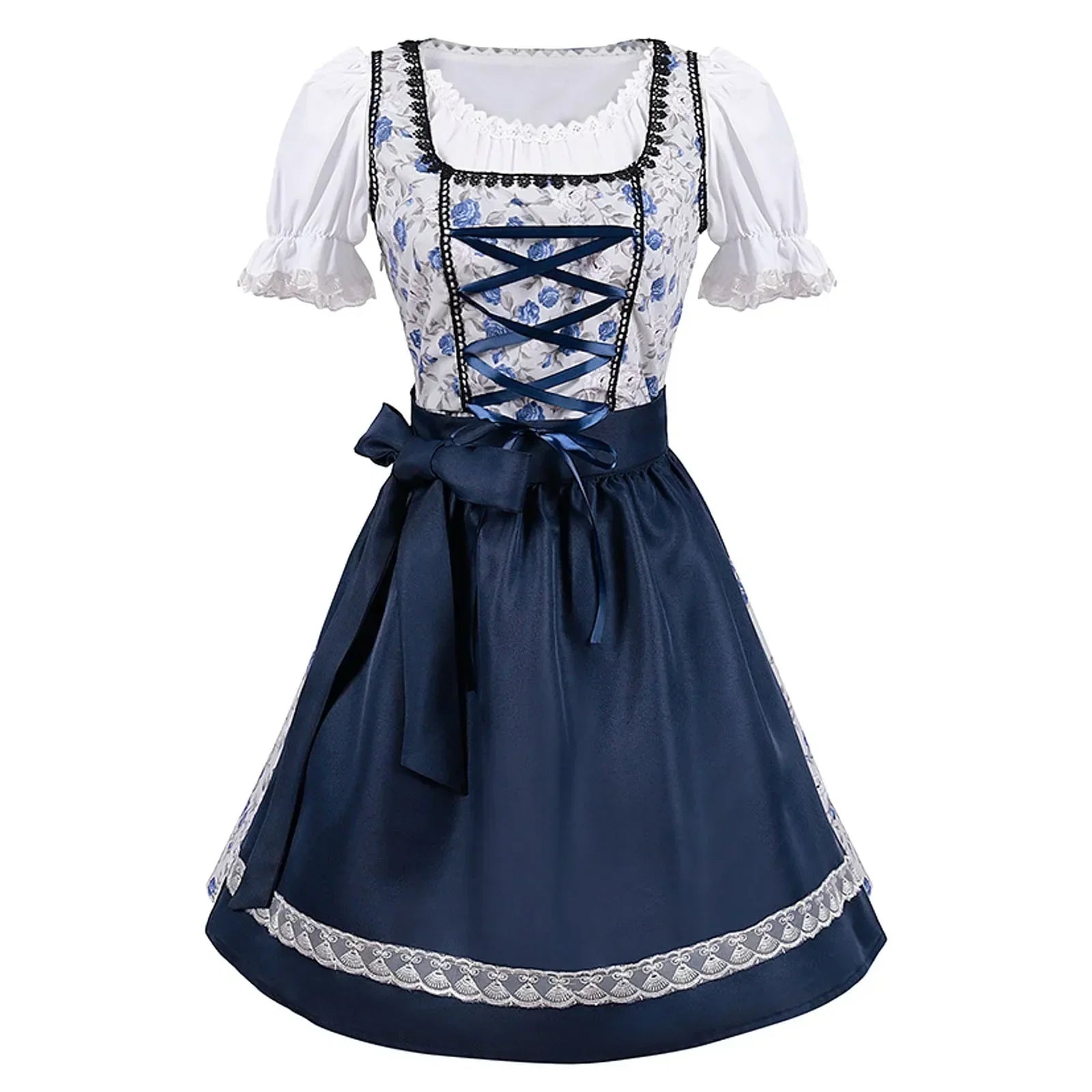 Oktoberfest dirndljurk met bloemenprint en satijnen lintschort 1