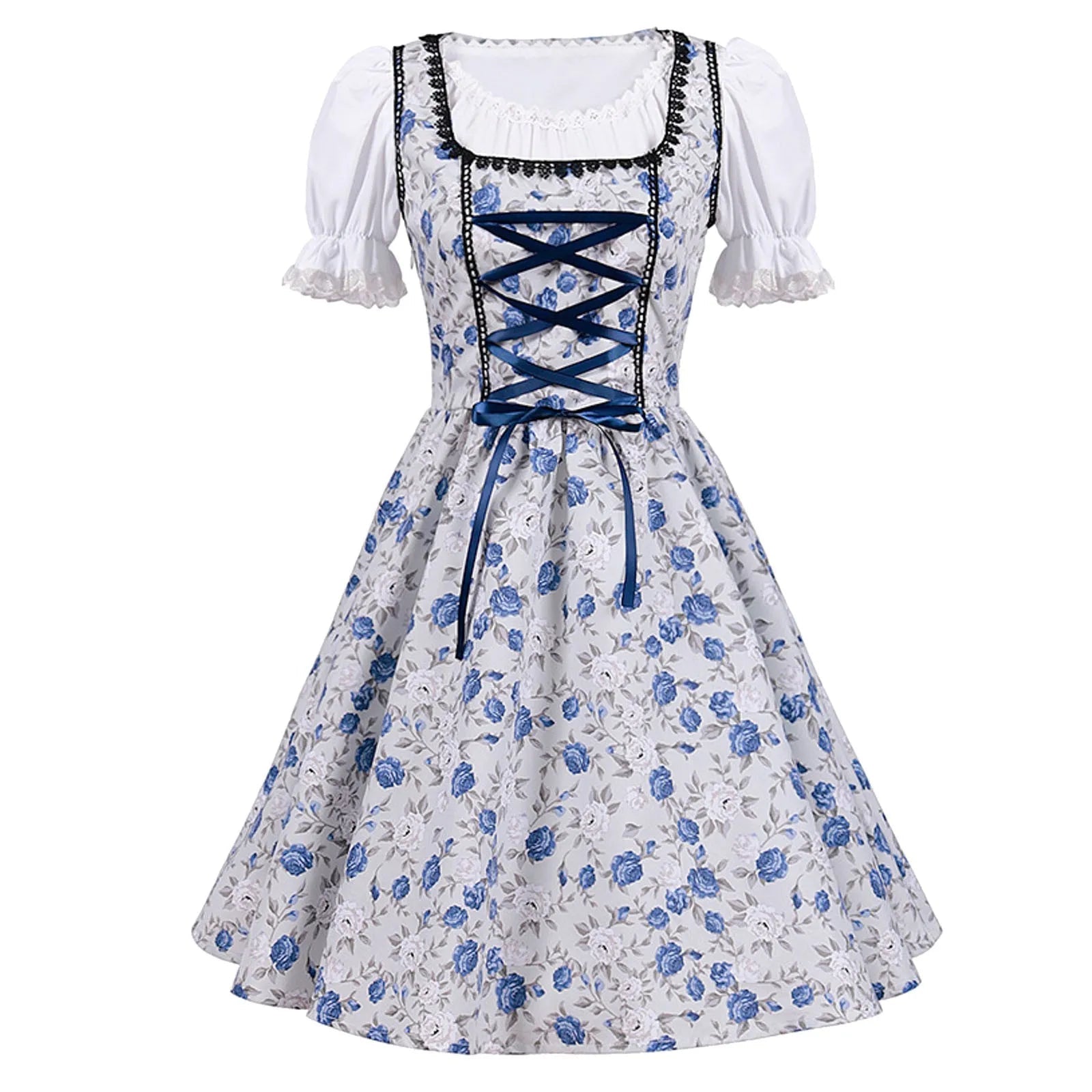 Oktoberfest dirndljurk met bloemenprint en satijnen lintschort 2