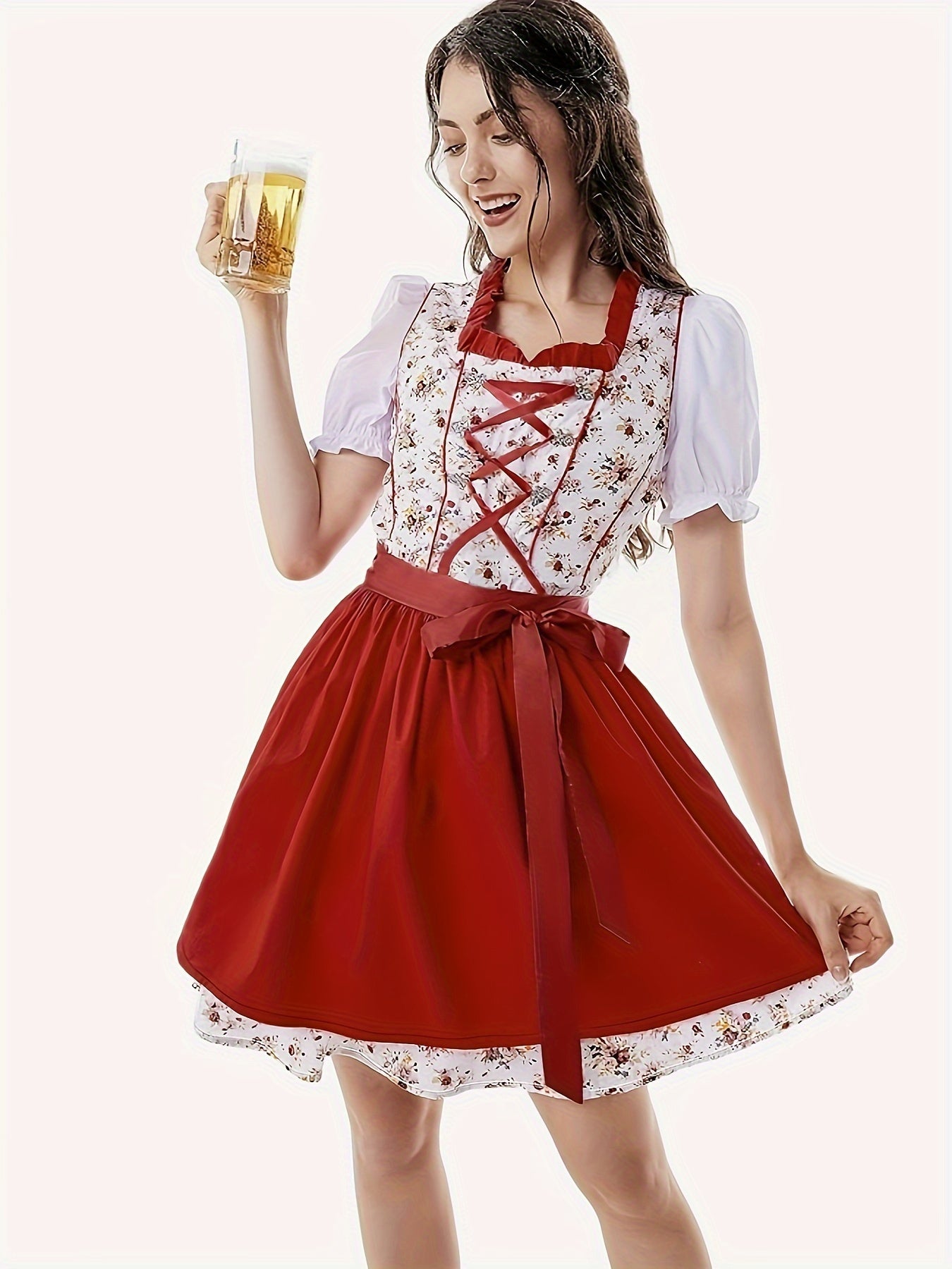 Oktoberfest dirndljurk met bloemenprint en vetersluiting 3