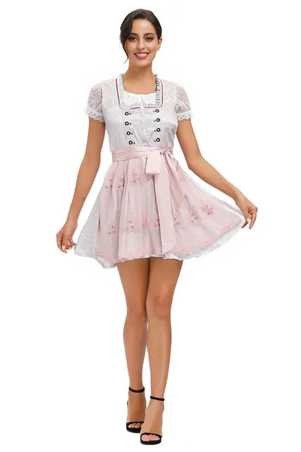 Oktoberfest dirndljurk met bloemenschort en kanten blouse 4