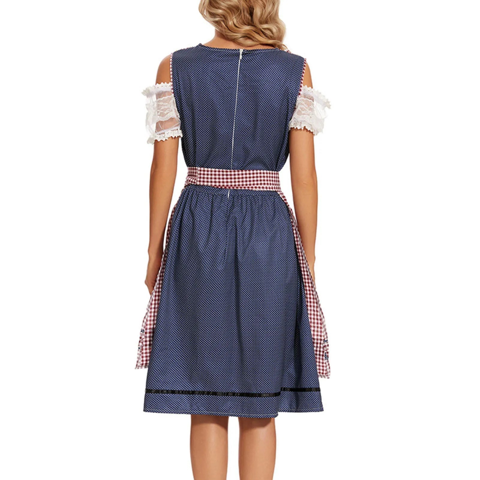 Oktoberfest dirndljurk met geruite schort en kanten mouwen 1