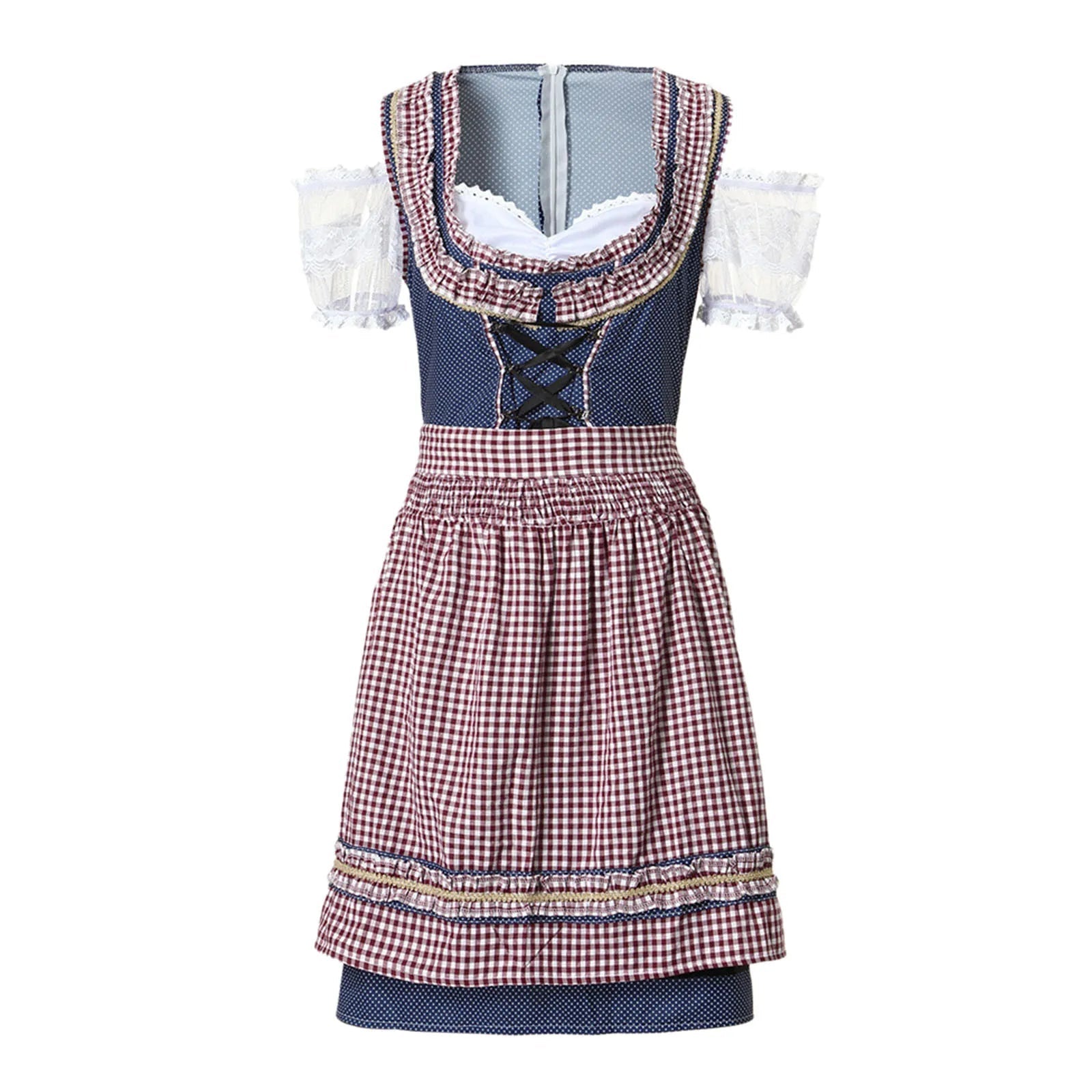 Oktoberfest dirndljurk met geruite schort en kanten mouwen 3