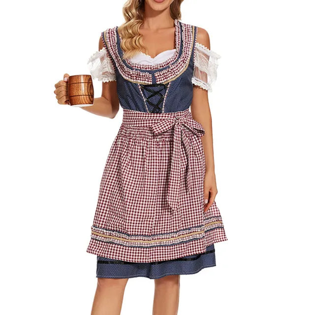 Oktoberfest dirndljurk met geruite schort en kanten mouwen 4