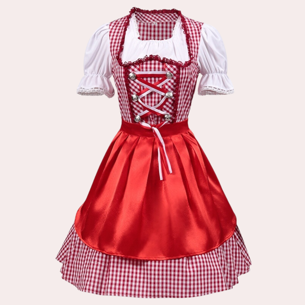 Oktoberfest dirndljurk met ruitjesmotief en satijnen lintschort 0