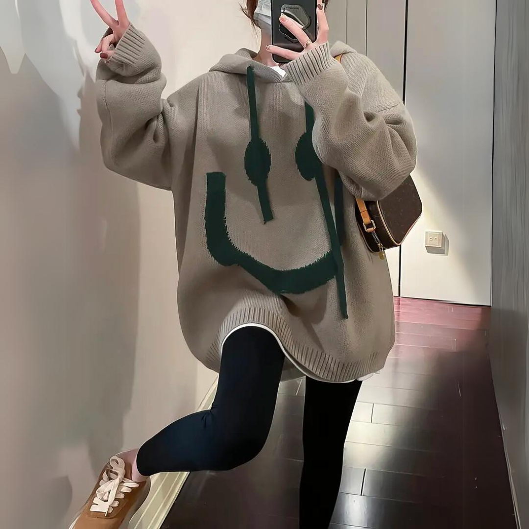 Smiley Face Hoodie voor dames in grote maten | Gebreid 0