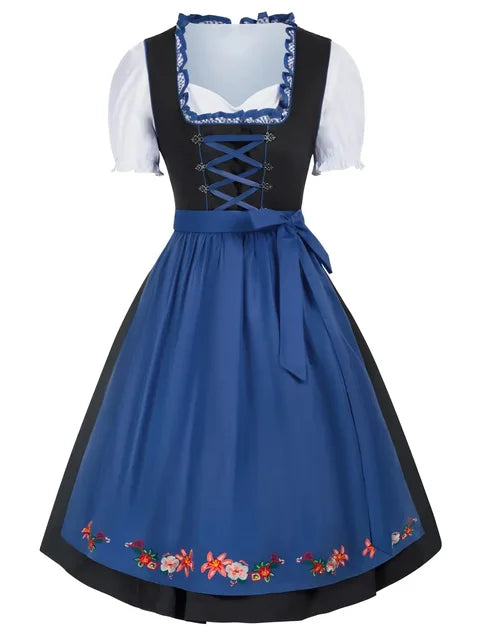 Traditionele jurk met schort, kant en decoratief lijfje veterwerk 0