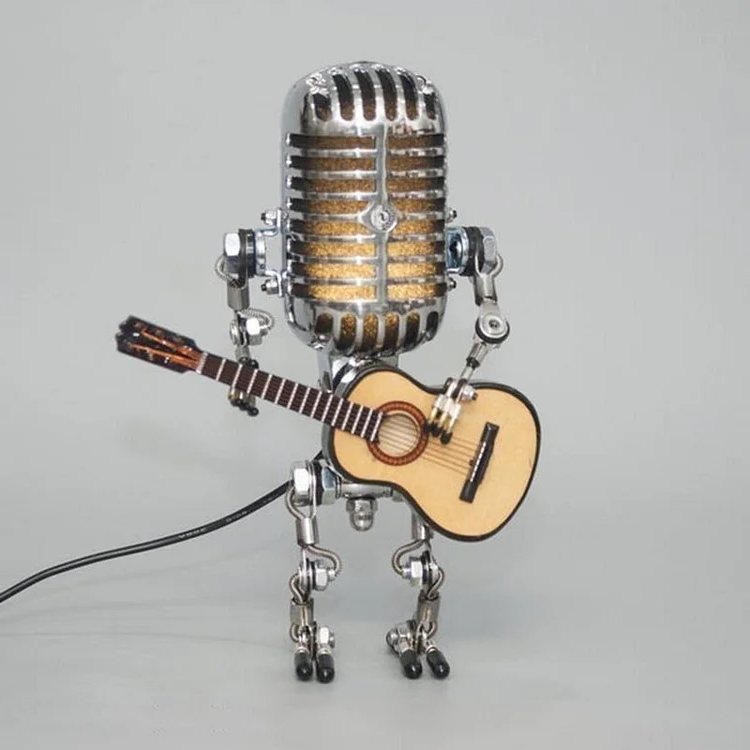 Vintage metalen microfoonrobot met gitaarlamp 0