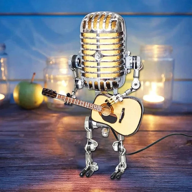 Vintage metalen microfoonrobot met gitaarlamp 1