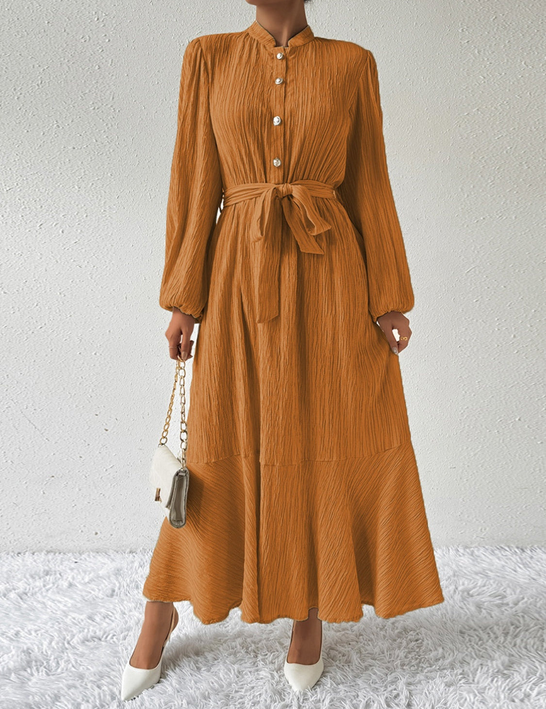 GWYNETH | Elegante jurk met lange mouwen en een stijlvolle strikceintuur