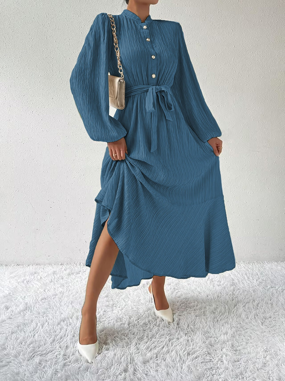 GWYNETH | Elegante jurk met lange mouwen en een stijlvolle strikceintuur