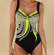 Zwart badpak met neongroene geometrische print en brede schouderbandjes