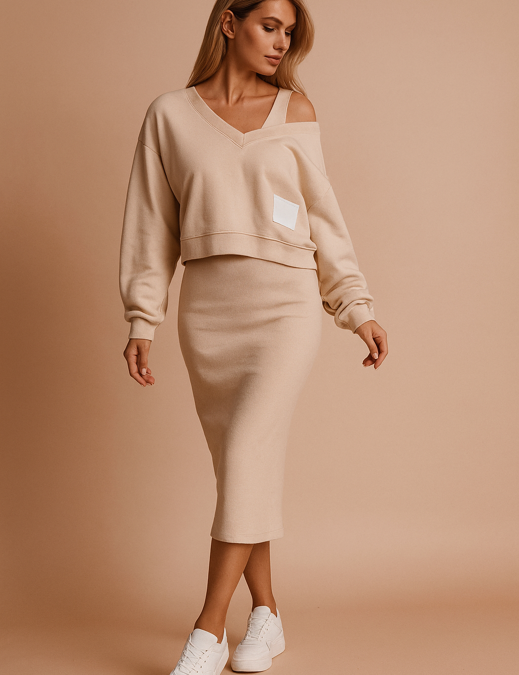 Gebreide two-piece set met V-hals trui en kokerrok in beige, met off-shoulder detail en casual sneakers.