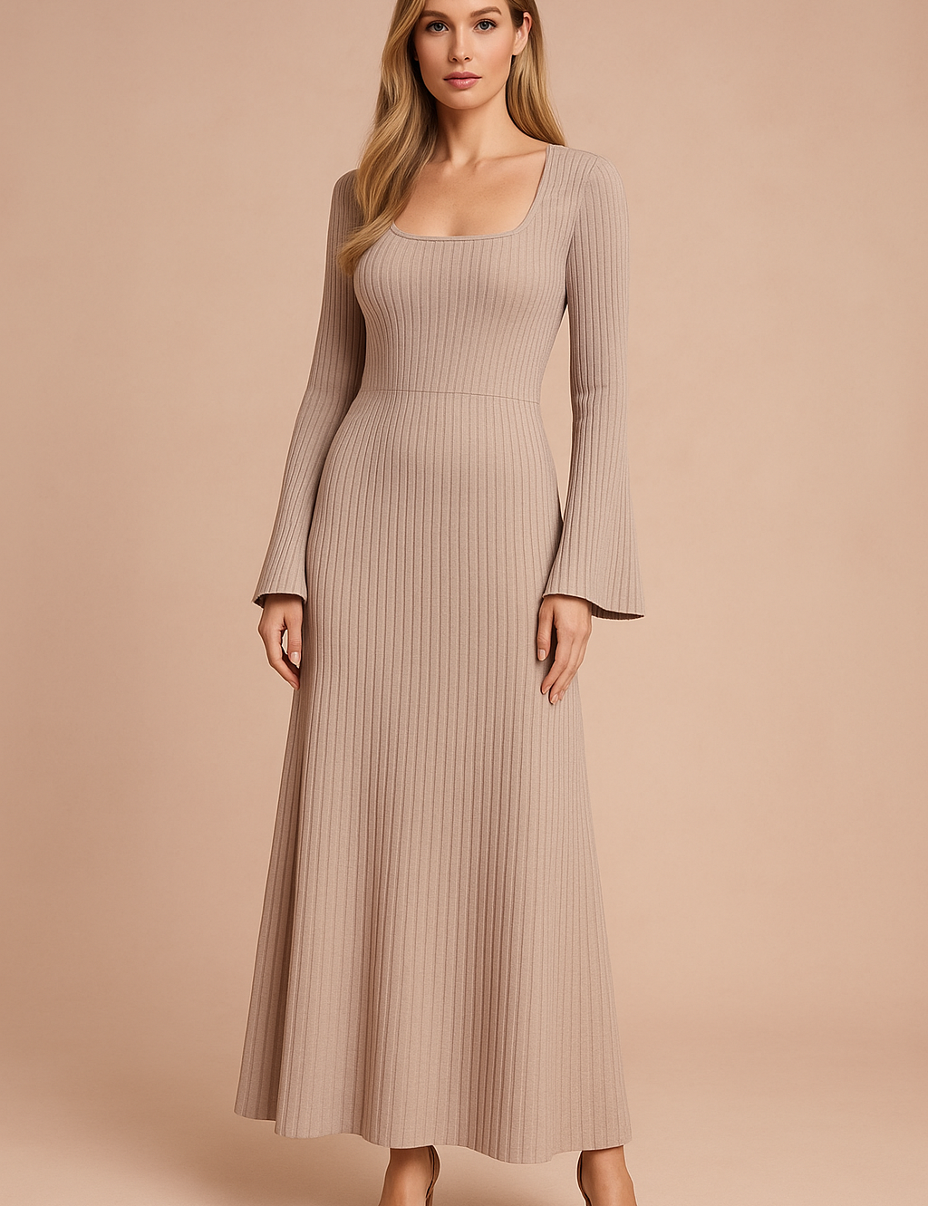 Vrouw met een beige kleurige geribde gebreide midi-jurk met lange mouwen, vierkante halslijn en uitlopende mouwen