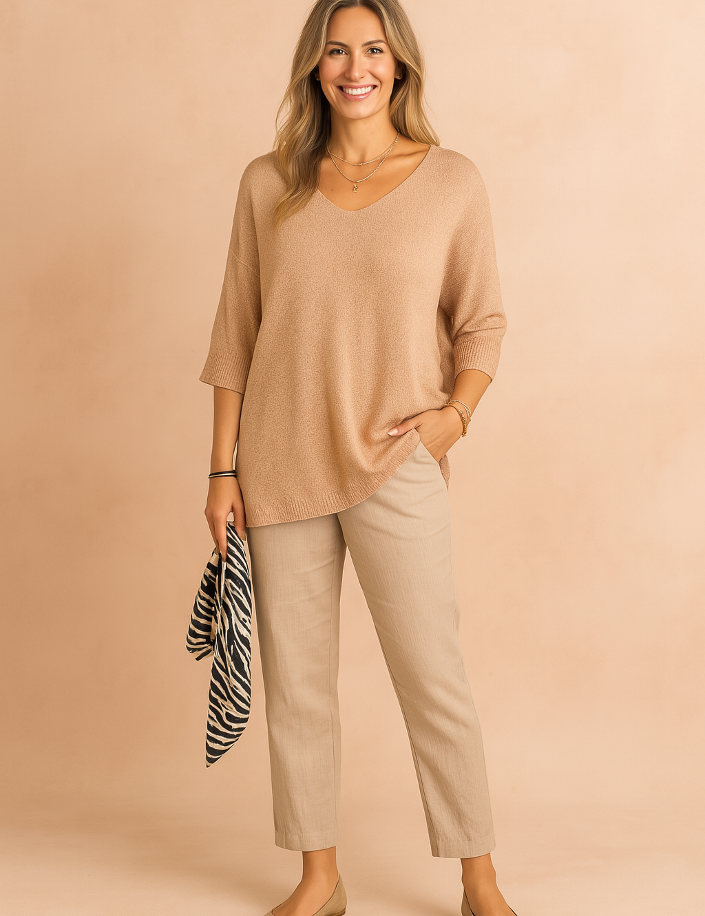 Comfortabele losvallende trui met V-hals en halflange mouwen, uitgevoerd in een fijne beige knit met lichte textuur. Ideaal voor een casual-chique look.
