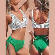 Wit met zwarte gestreepte twist-top bikini met felgroene hoge taille slip en veterdetail achteraan.