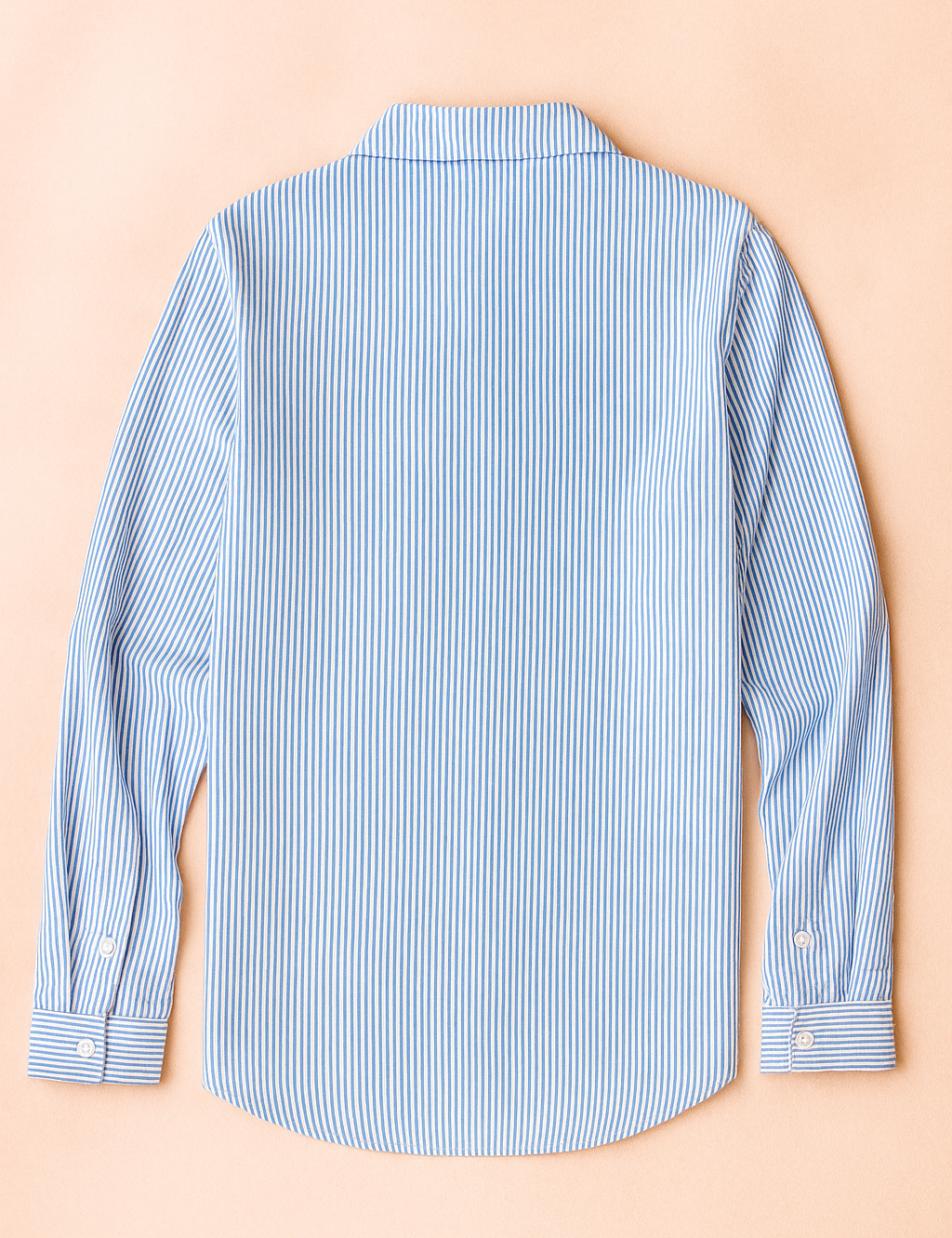 Blauw-wit gestreepte blouse met lange mouwen en klassieke kraag, afgewerkt met knoopsluiting aan de voorzijde – perfect voor een zakelijke of casual-chique look.