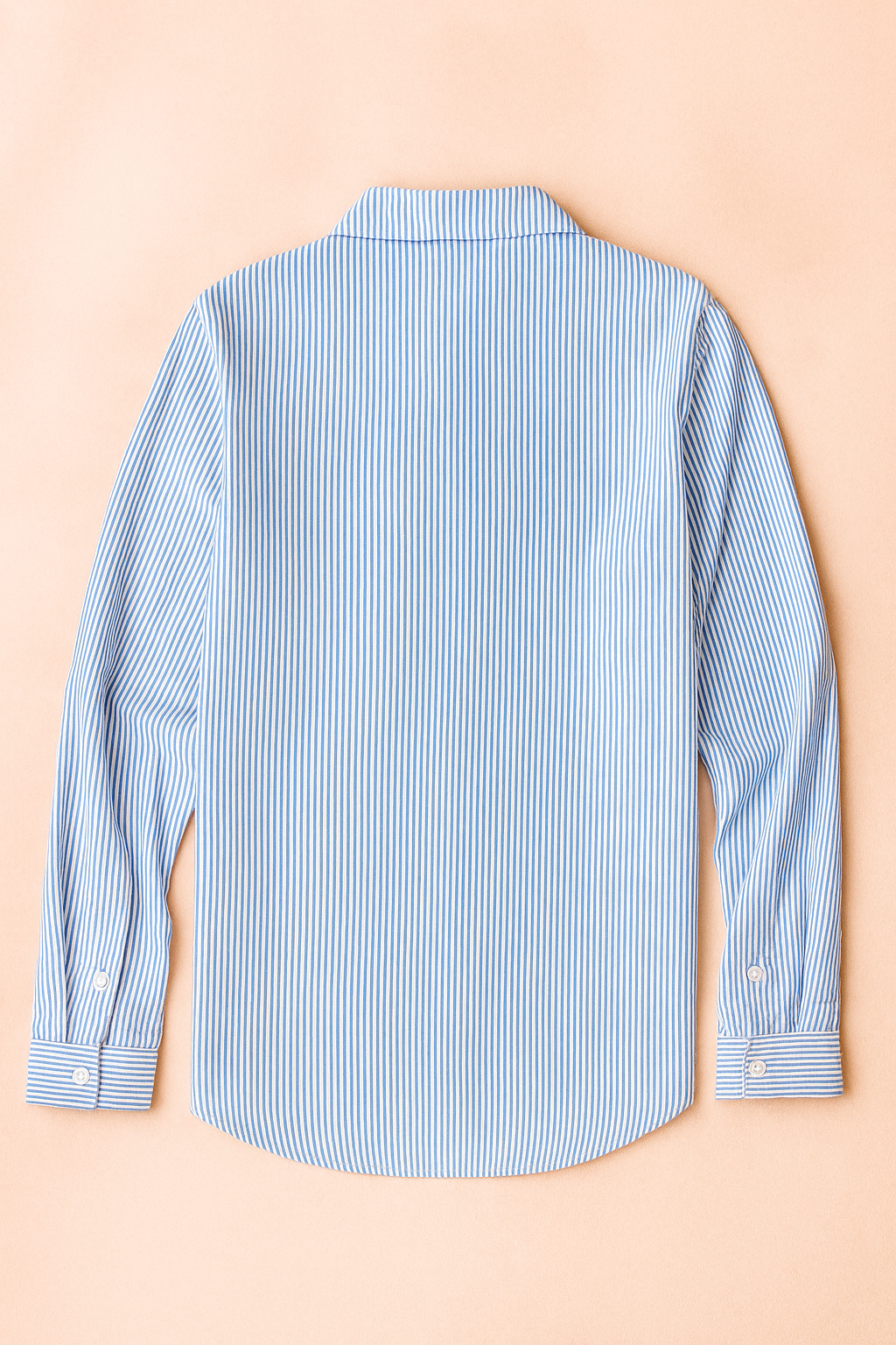 Blauw-wit gestreepte blouse met lange mouwen en klassieke kraag, afgewerkt met knoopsluiting aan de voorzijde – perfect voor een zakelijke of casual-chique look.