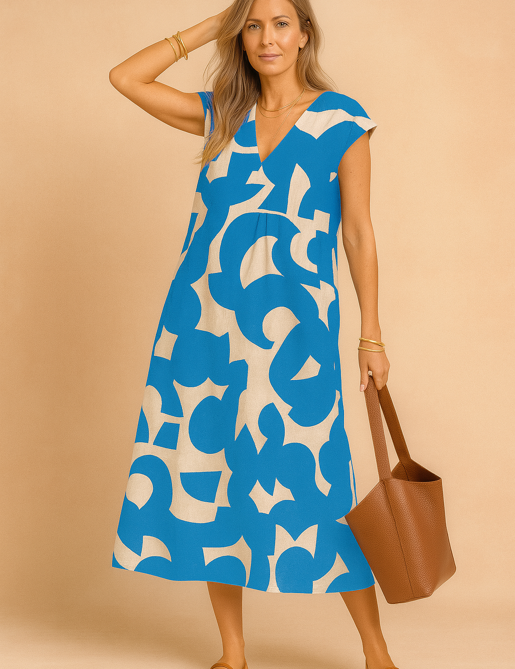 Blauwe midi-jurk met abstracte print en V-hals