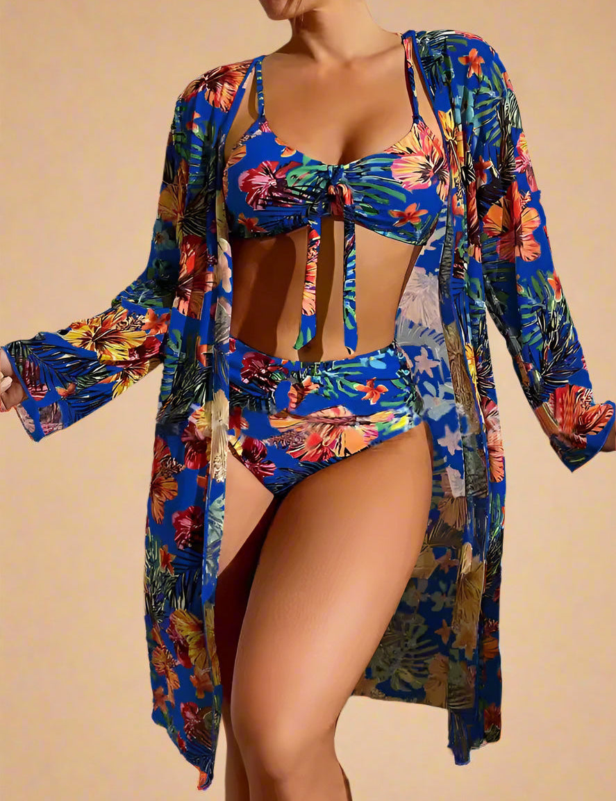 Blauwe bloemen bikini met hoge taille en bijpassende kimono