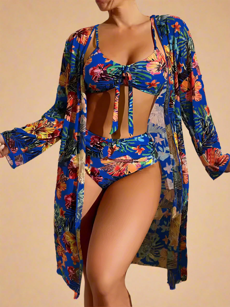 Blauwe bloemen bikini met hoge taille en bijpassende kimono