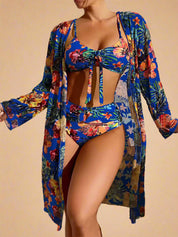 Blauwe bloemen bikini met hoge taille en bijpassende kimono