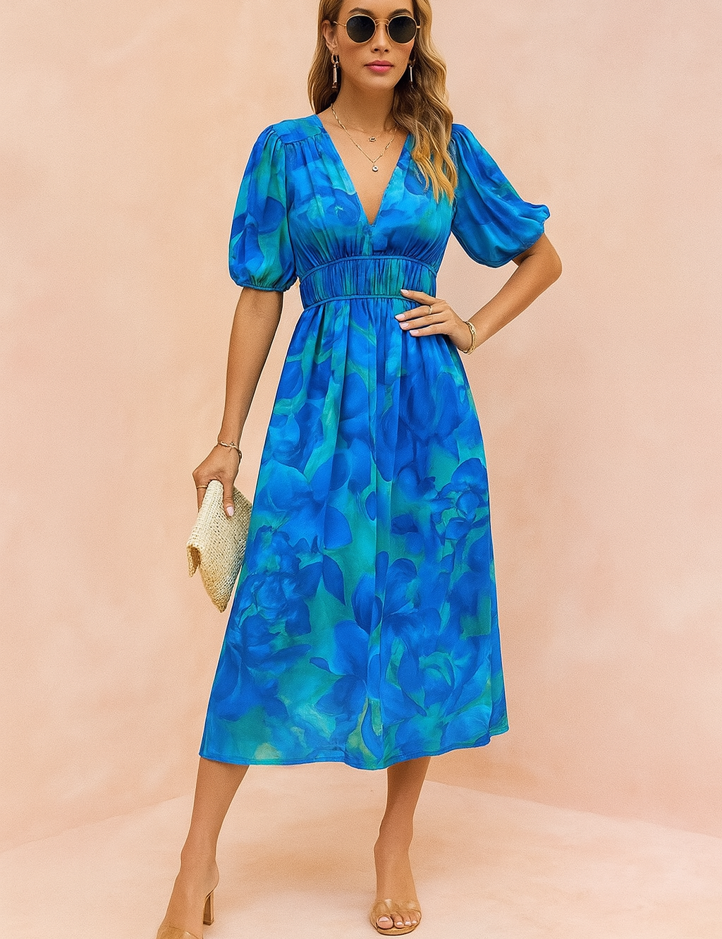 Blauwe midi-jurk met grote bloemprint, V-hals, pofmouwen en gesmokte taille.