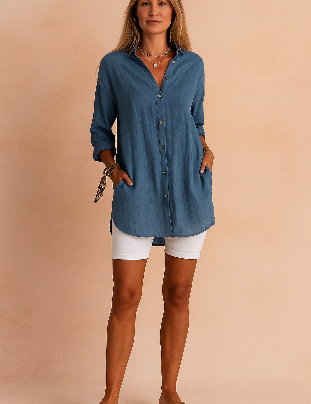 Blauwe tuniekblouse van luchtige stof met lange mouwen en knoopsluiting, casual gestyled.