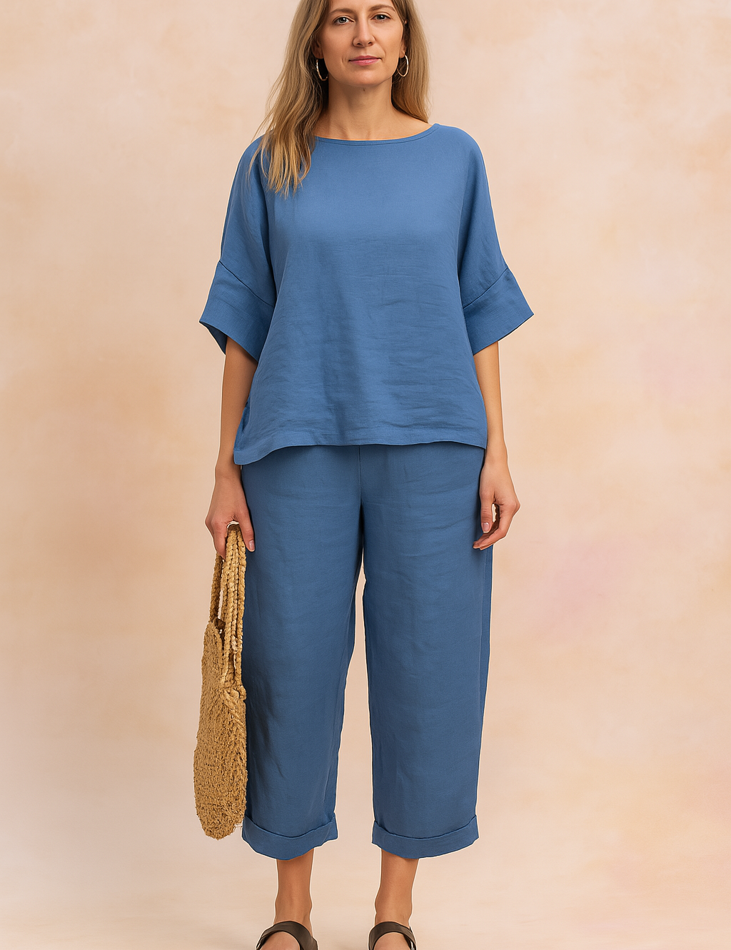  Comfortabele blauwe linnen blouse met wijde mouwen en rechte snit, perfect voor casual lente- en zomerdagen