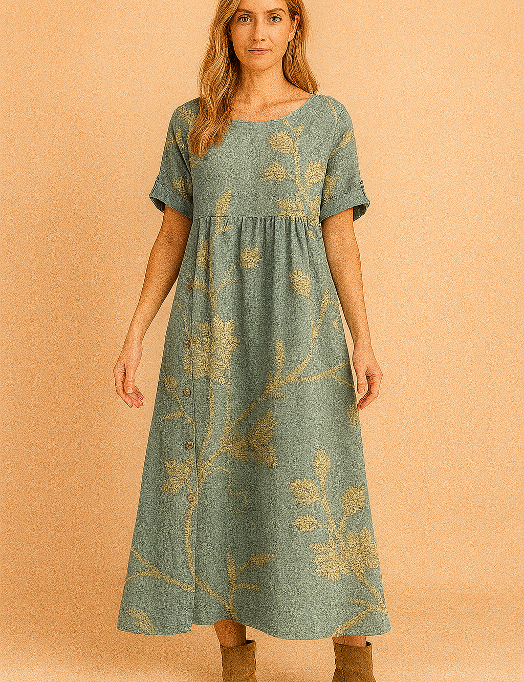 Blauwgroene linnen jurk met gouden geborduurde bloemenprint en knoopdetail aan de zijkant.
