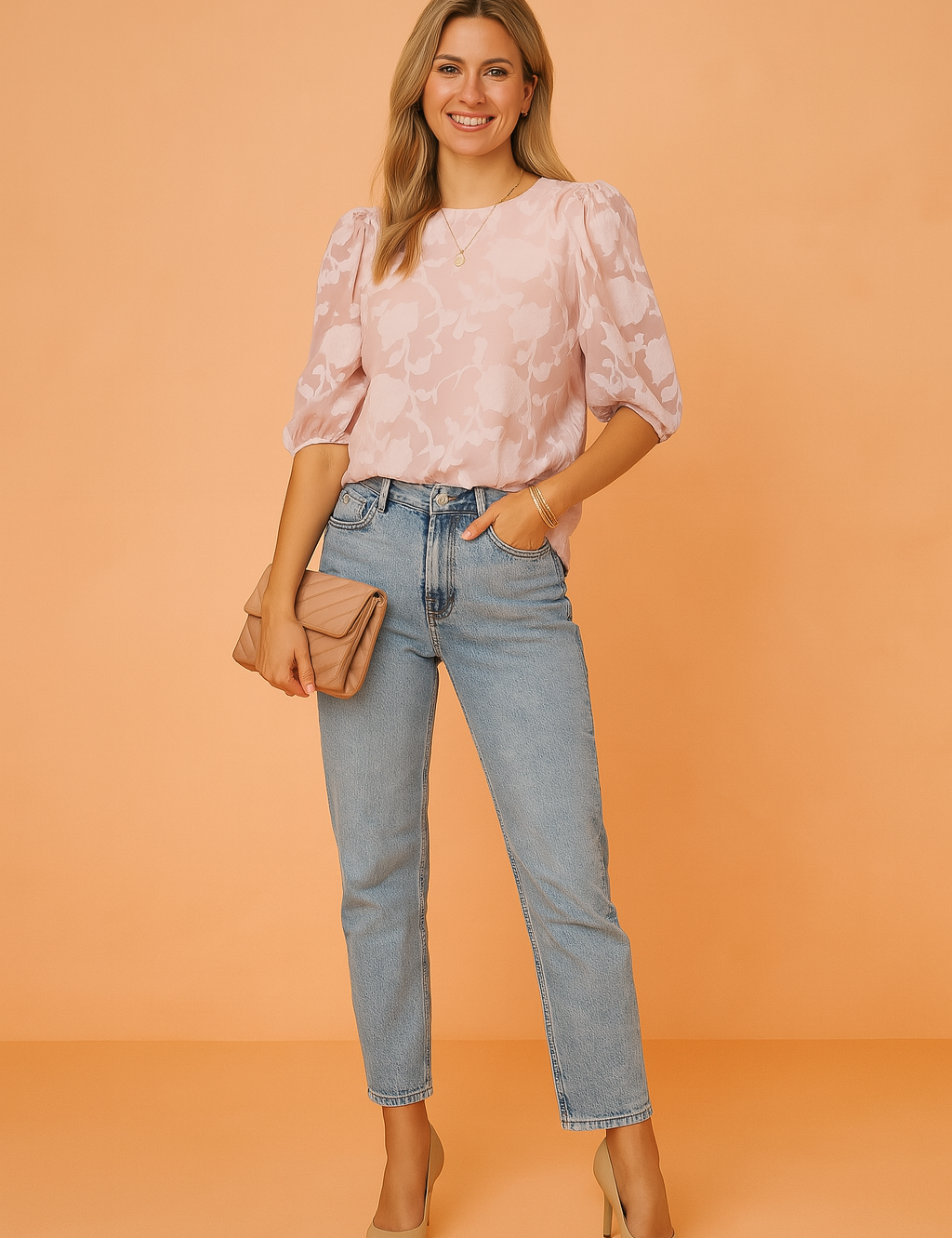 Zachtroze jacquard top met ton-sur-ton bloemenstructuur, pofmouwen tot drie kwart en ronde hals – ideaal voor een vrouwelijke uitstraling.