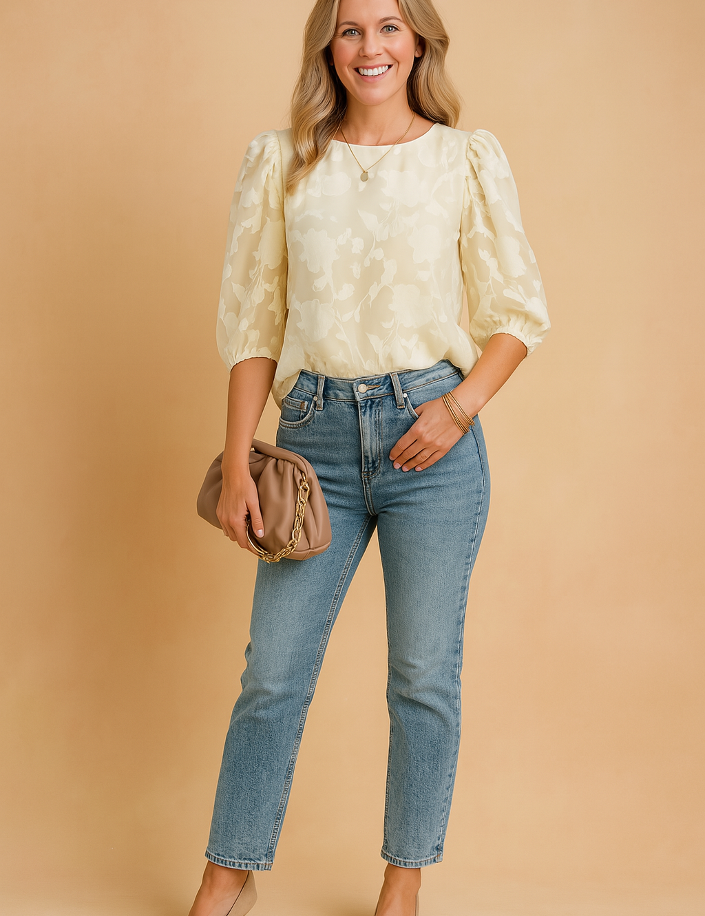 Botergele blouse met pofmouwen en een jacquard bloemenstructuur, voorzien van een klassieke ronde hals – perfect voor een frisse, zonnige look.