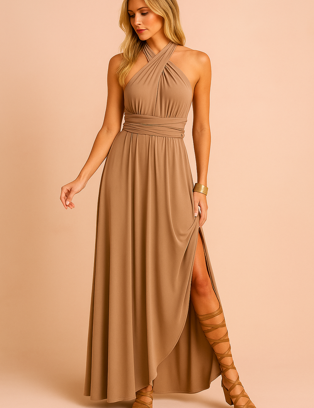 Camel maxi-jurk met gekruiste halter, hoge split en geplooide taille in soepele effen stof.