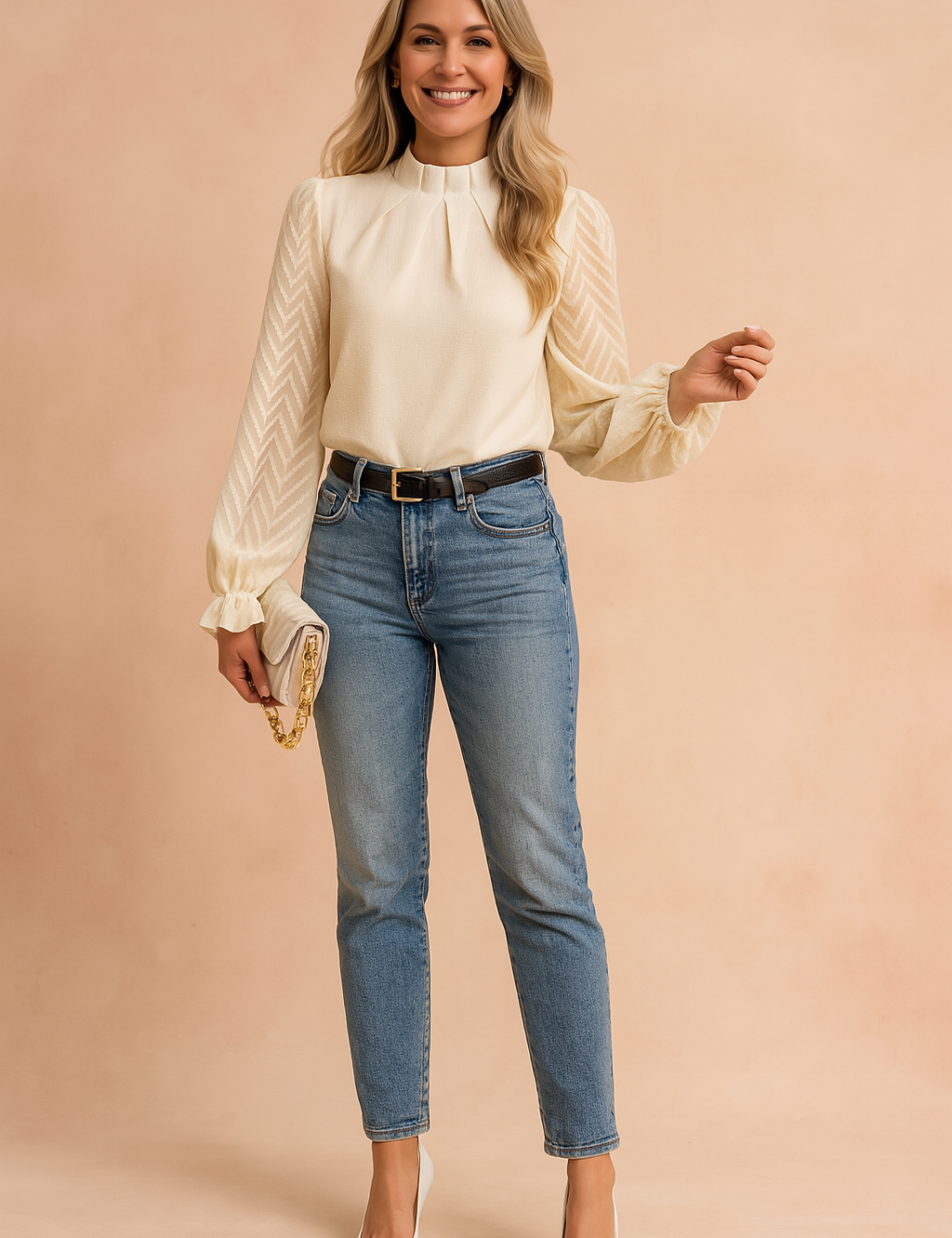 Crèmekleurige blouse met lange mouwen, hoge halslijn, doorschijnende mouwen met visgraatstructuur en ruches – een combinatie van elegantie en verfijning.
