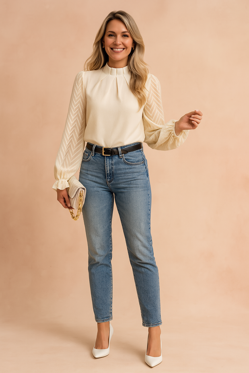 Crèmekleurige blouse met lange mouwen, hoge halslijn, doorschijnende mouwen met visgraatstructuur en ruches – een combinatie van elegantie en verfijning.