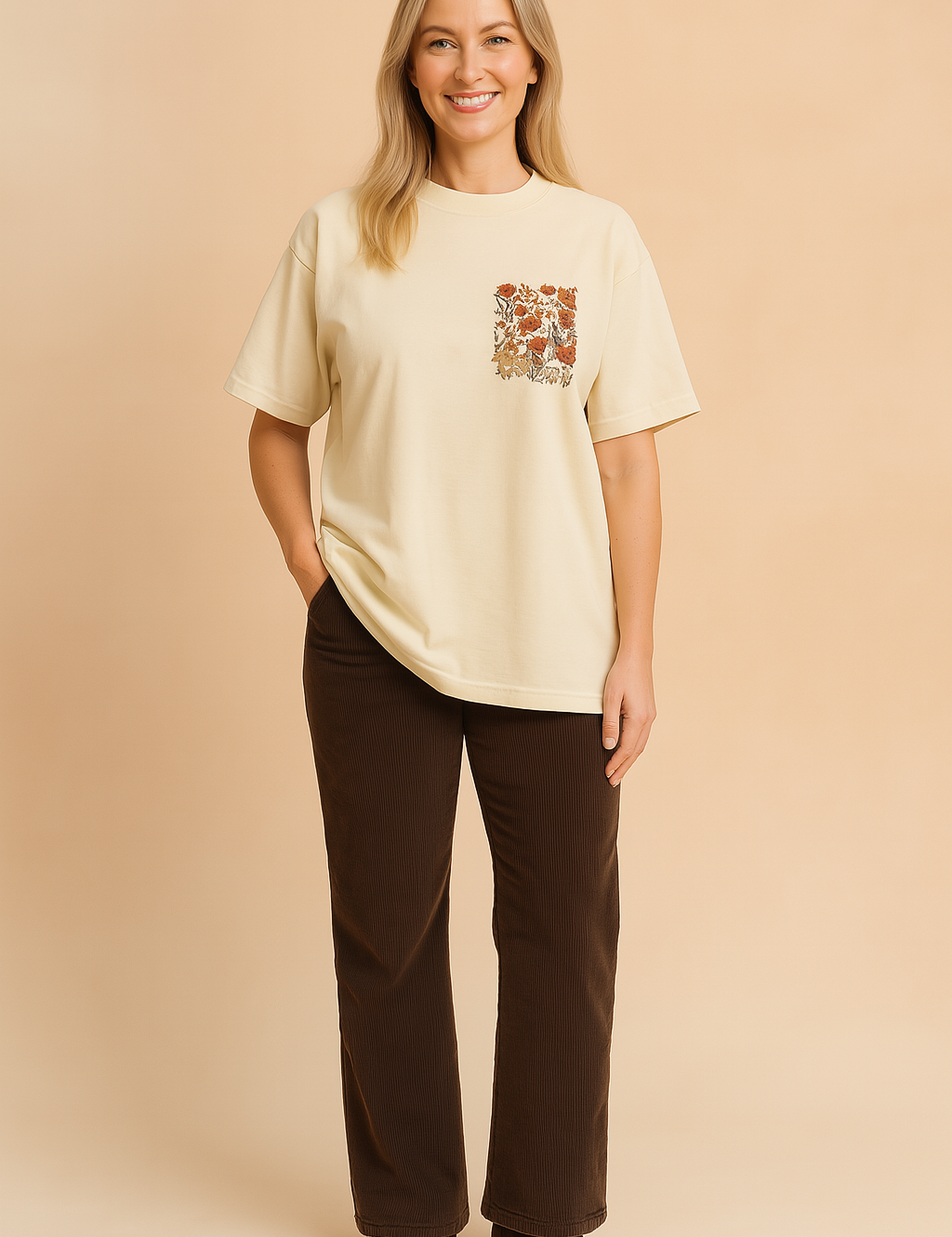 Crèmekleurig dames T-shirt met een ronde hals en korte mouwen, voorzien van een geborduurd borstzakmotief met gedetailleerde bloemenprint in aardetinten. Het shirt heeft een losse, comfortabele pasvorm van zachte katoenen jersey, ideaal voor casual outfits.