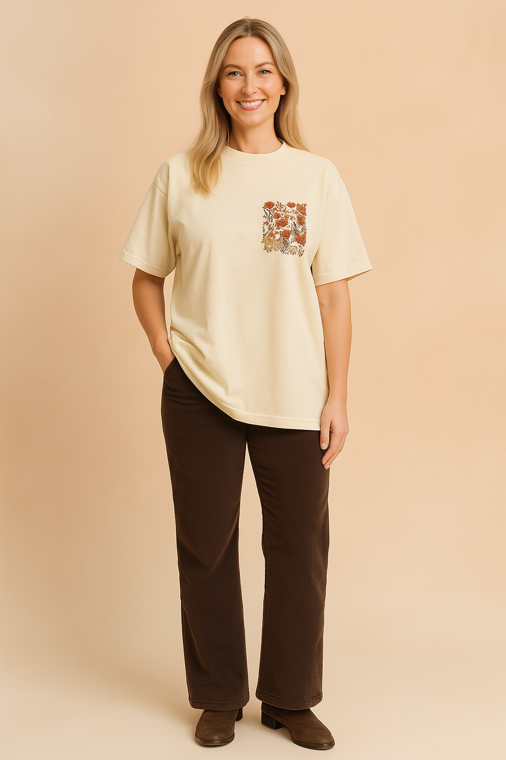 Crèmekleurig dames T-shirt met een ronde hals en korte mouwen, voorzien van een geborduurd borstzakmotief met gedetailleerde bloemenprint in aardetinten. Het shirt heeft een losse, comfortabele pasvorm van zachte katoenen jersey, ideaal voor casual outfits.