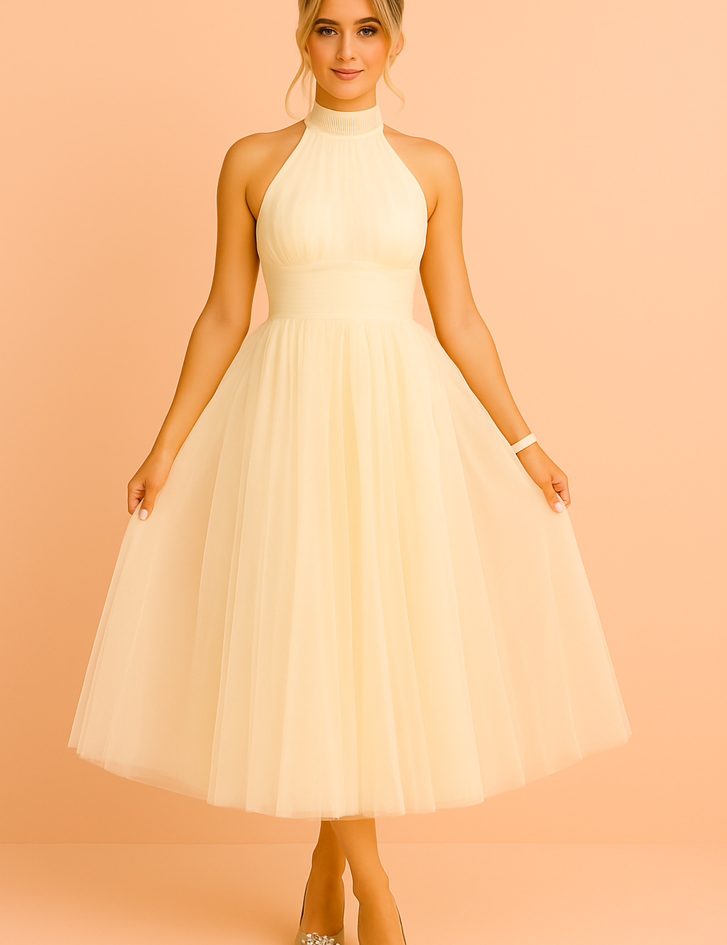 Crèmekleurige halterjurk met tule rok, elegante midi jurk met hoge halslijn en zachte ivoortint.