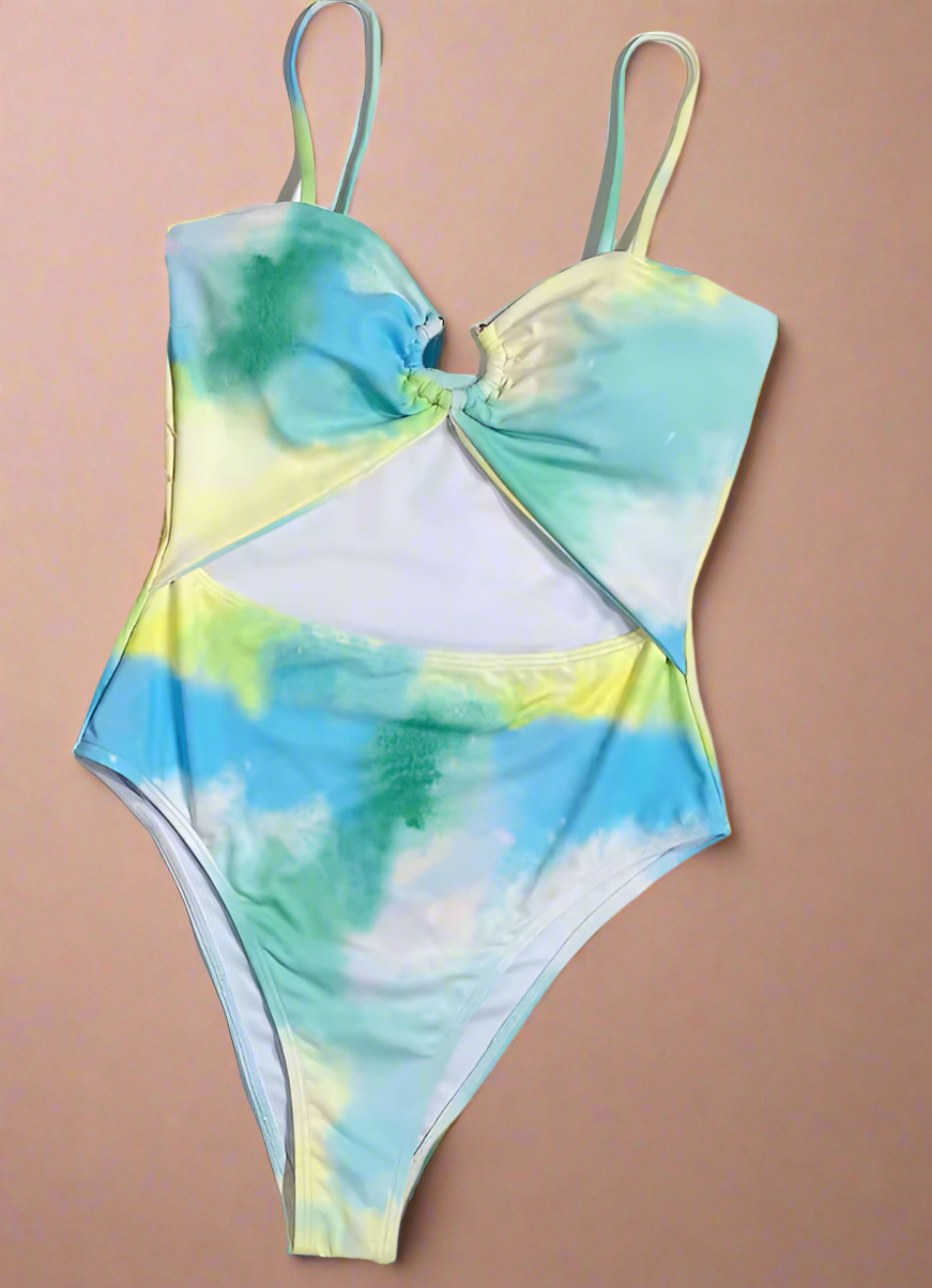 Tie-dye cut-out badpak met ringdetail en hoge taille in blauw-groene pasteltinten