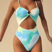 Tie-dye cut-out badpak met ringdetail en hoge taille in blauw-groene pasteltinten
