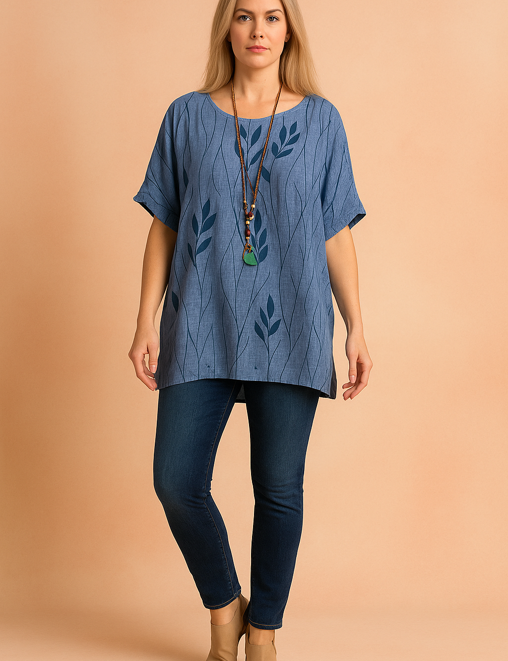 Losvallende tuniekblouse met korte mouwen in denimblauw met verticale golfstructuur en subtiele bladerprint, voorzien van een ronde halslijn en een relaxte pasvorm – perfect voor casual draagmomenten.