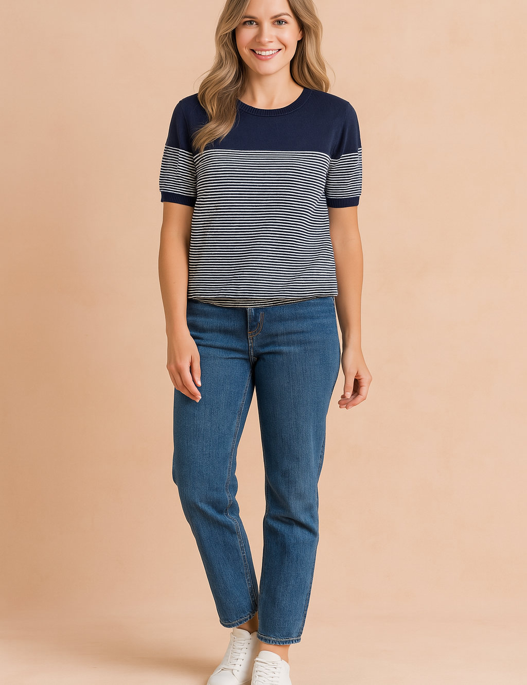 Dames T-shirt met korte mouwen en ronde hals, uitgevoerd in een kleurblokdesign met donkerblauw bovenstuk en mouwboorden, gecombineerd met een fijn horizontaal gestreept patroon in donkerblauw en wit over het voor- en achterpand. Gemaakt van een zachte, rekbare stof met een comfortabele, licht getailleerde pasvorm.