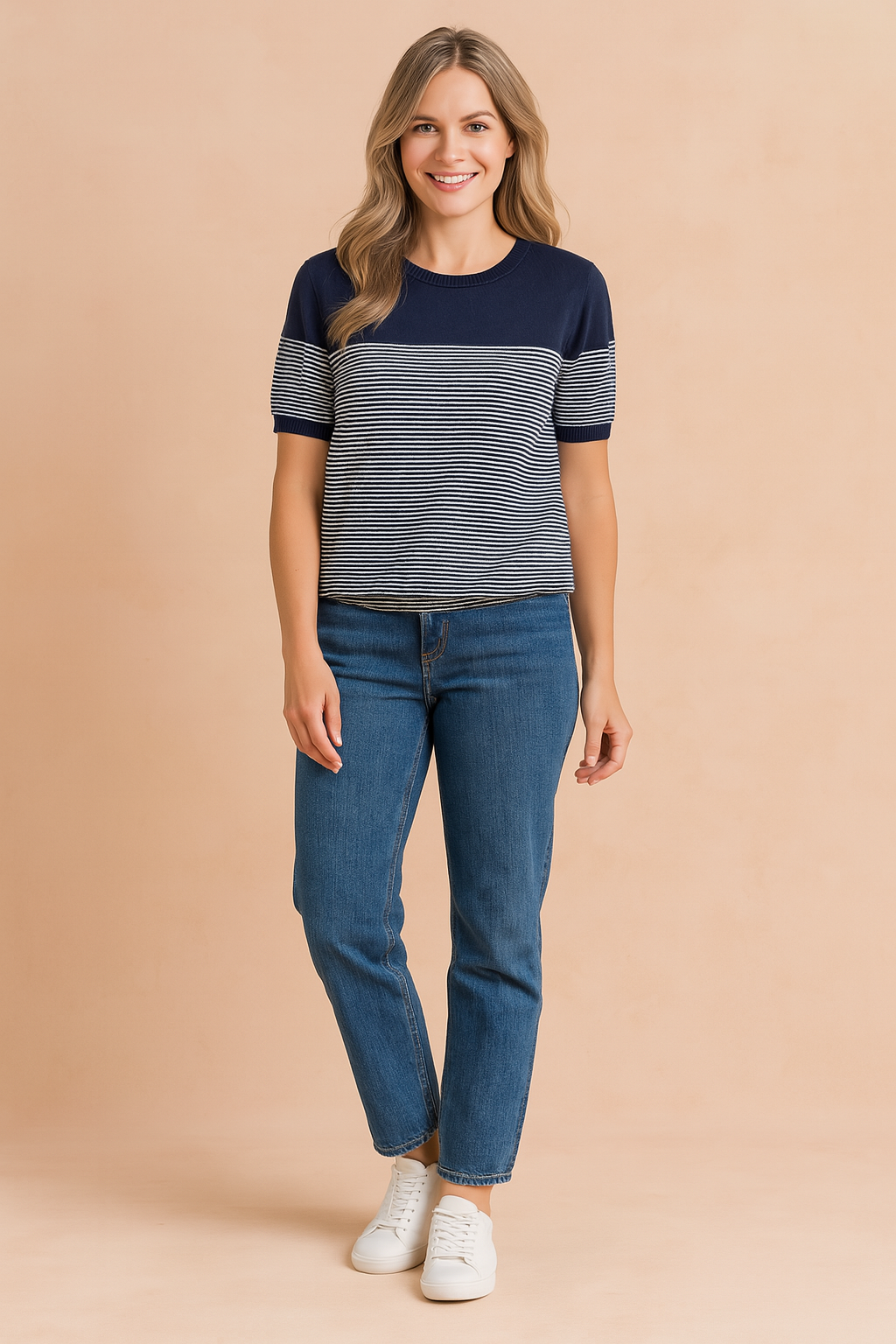 Dames T-shirt met korte mouwen en ronde hals, uitgevoerd in een kleurblokdesign met donkerblauw bovenstuk en mouwboorden, gecombineerd met een fijn horizontaal gestreept patroon in donkerblauw en wit over het voor- en achterpand. Gemaakt van een zachte, rekbare stof met een comfortabele, licht getailleerde pasvorm.