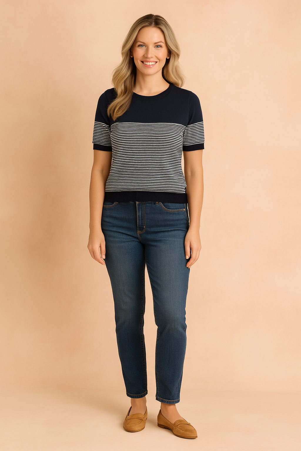Dames T-shirt met korte mouwen en ronde hals, uitgevoerd in een kleurblokdesign met donkerblauw bovenstuk en mouwboorden, gecombineerd met een fijn horizontaal gestreept patroon in donkerblauw en wit over het voor- en achterpand. Gemaakt van een zachte, rekbare stof met een comfortabele, licht getailleerde pasvorm.