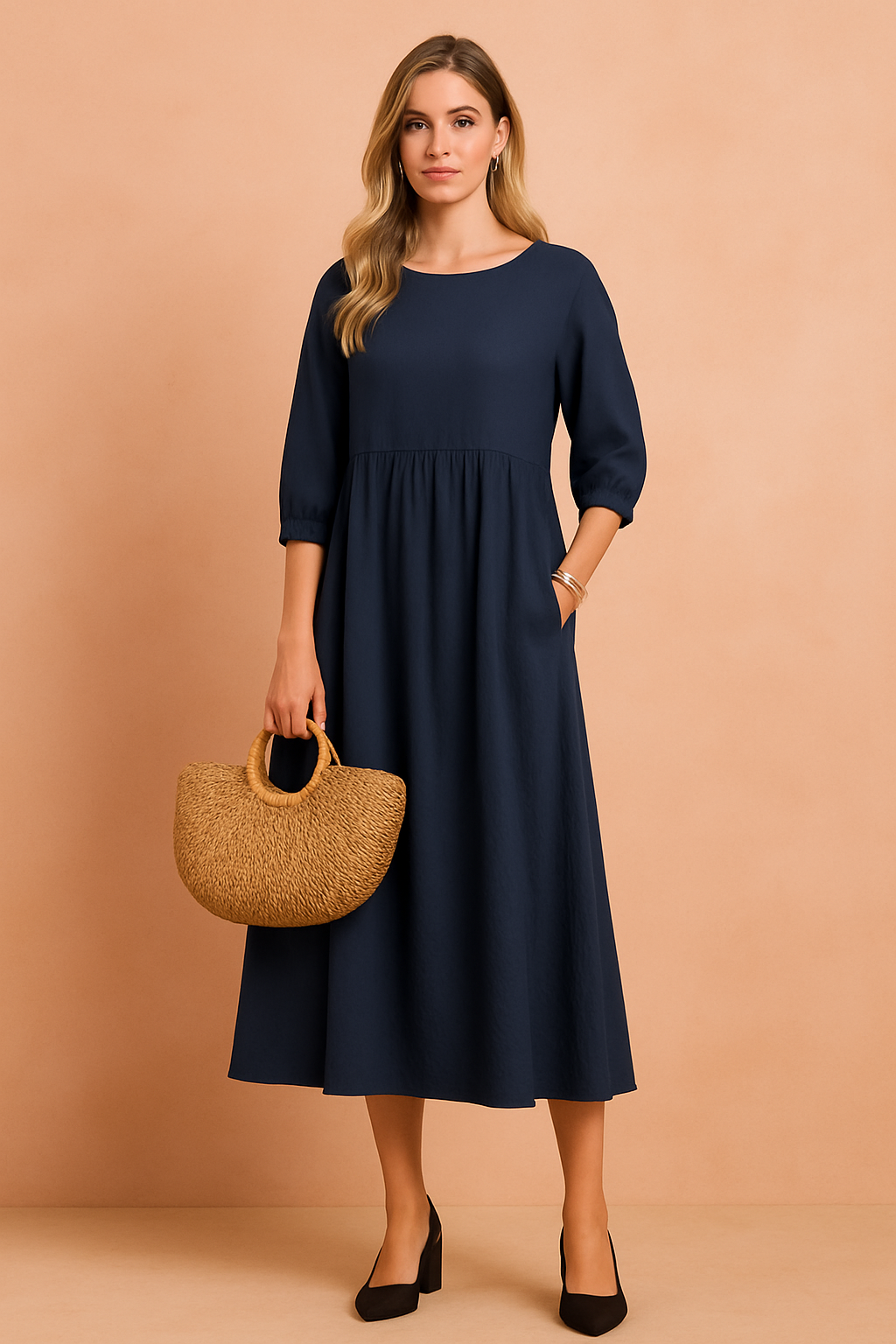 Donkerblauwe midi-jurk met 3/4-mouwen en losse A-lijn pasvorm van effen textuurstof.
